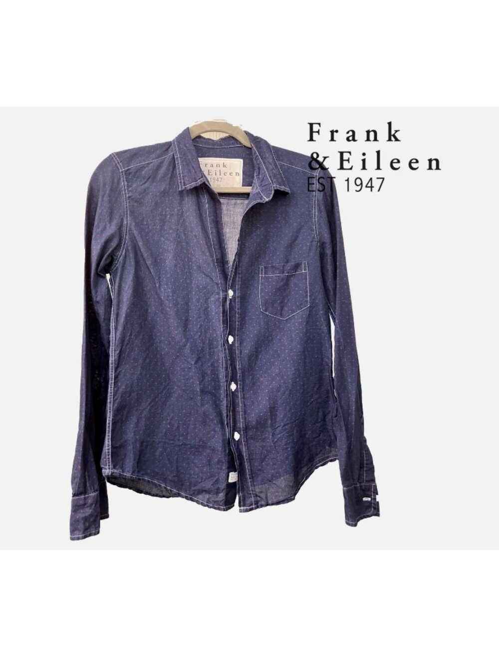 Rare! FRANK & EILEEN pure linen blue button down shirt, white topstitching, XS